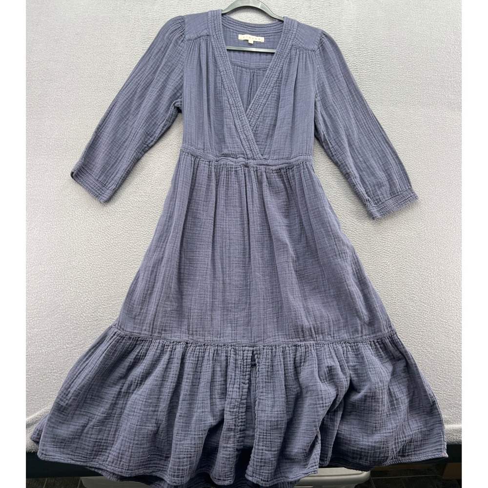 Xirena Dresss Gauze Midi Purple Slate Blue Tiered Wrap V-Neck Pockets Large